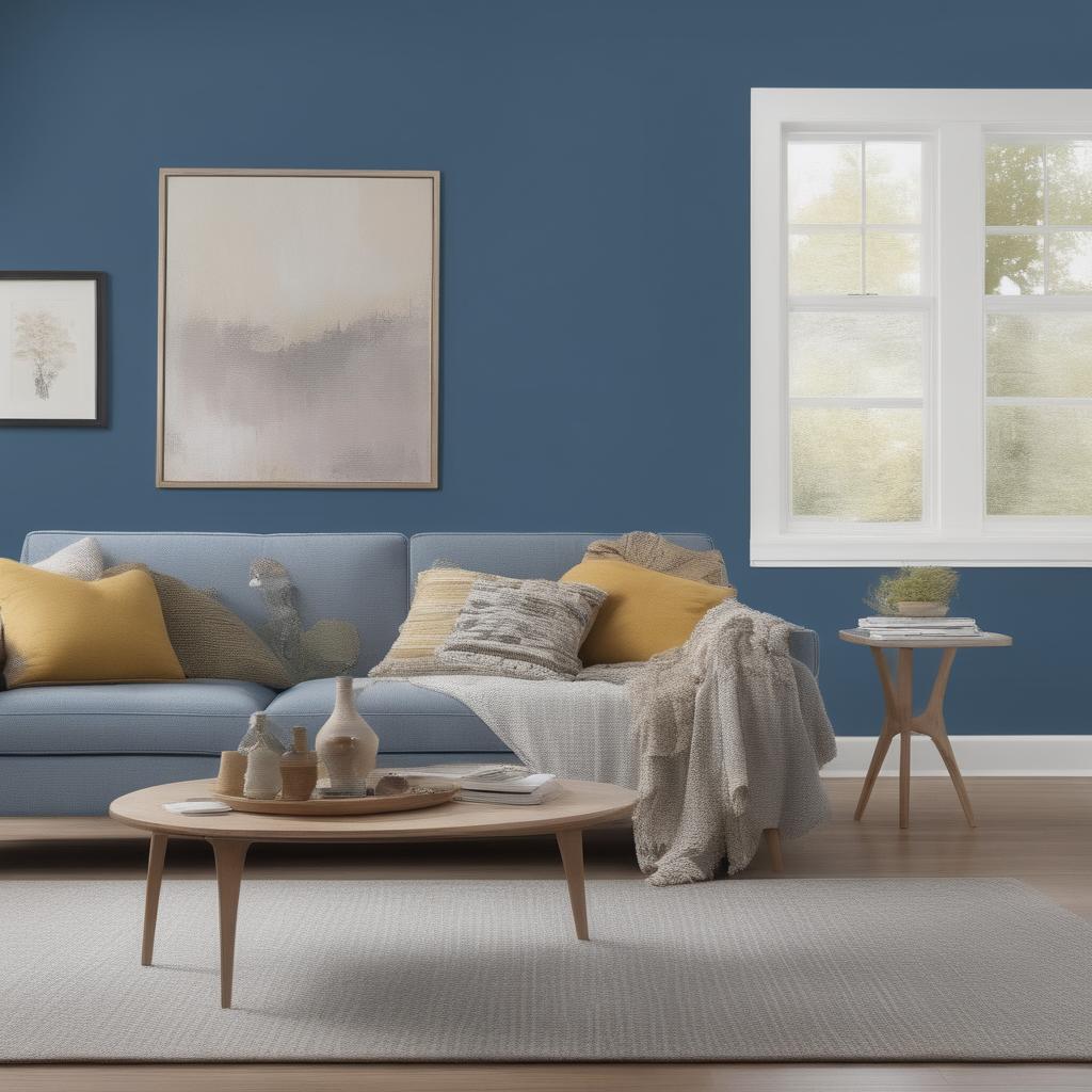 Imagine a cozy living room with a beautifully hand-painted accent wall in a soothing shade of blue. A paintbrush and palette of paint colors sit nearby, waiting to transform your space.