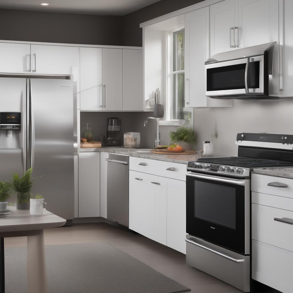 Visualize a modern kitchen with energy-efficient appliances glowing with digital displays. Smart thermostats, a high-tech refrigerator, and a programmable coffee maker save you money and make daily life more convenient