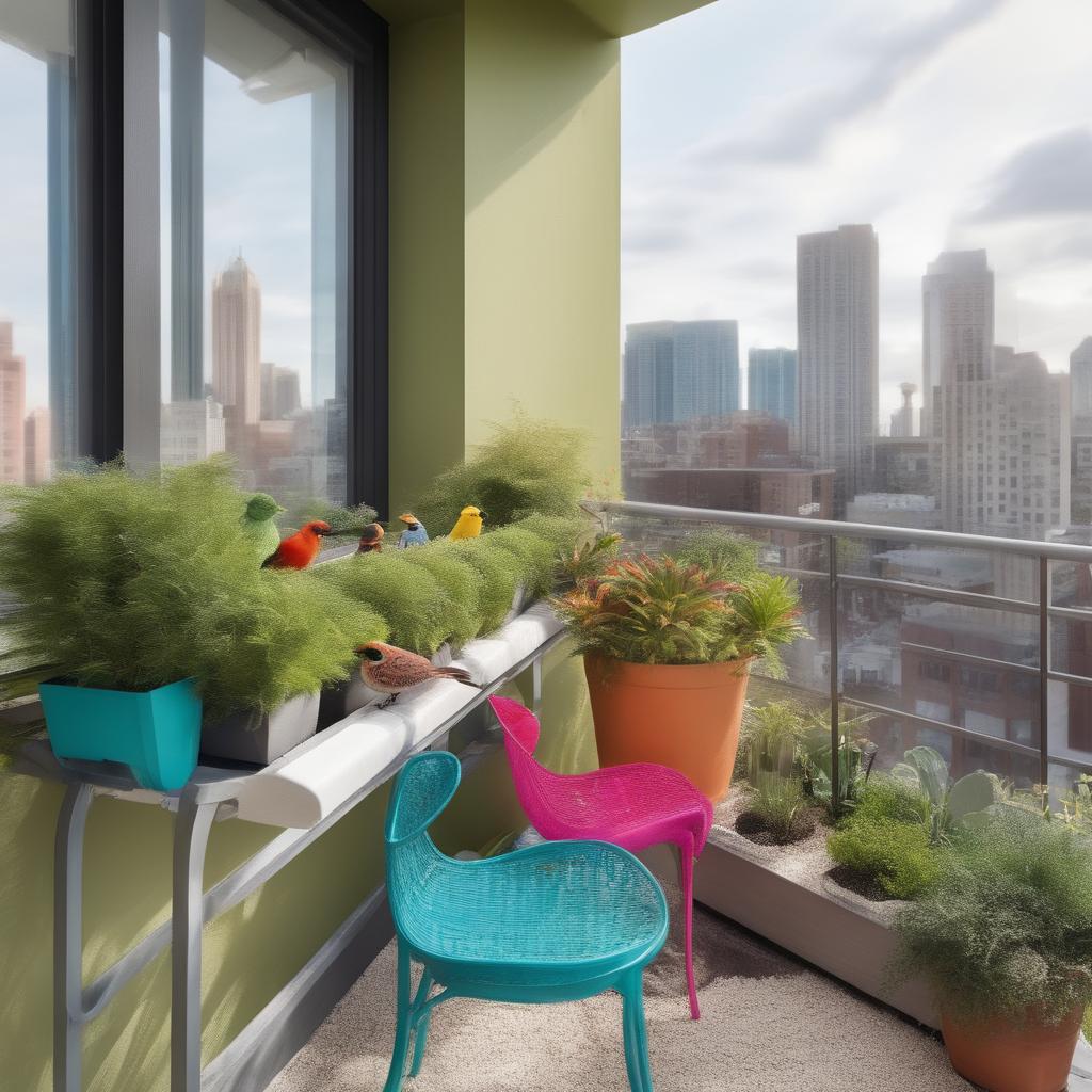 Envision a cozy balcony with potted plants and colorful chairs overlooking a city skyline. A bird feeder attracts feathered friends while lush greenery creates a peaceful outdoor oasis